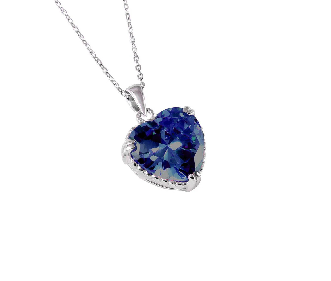 PENDENTIF COEUR EN ARGENT RHODIÉ SERTI D'UN CUBIQUE ZIRCONIA BLEU - SP BGP00729 - BIJOUX D'IMPORTATION