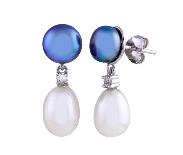 BOUCLES EN ARGENT RHODIÉ SERTIES DE PERLES SYNTHÉTIQUES ET CUBIQUES ZIRCONIAS - SP BGE00671 - BIJOUX D'IMPORTATION