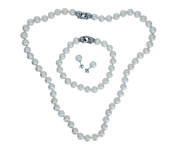 ENSEMBLE COLLIER, BRACELET ET BOUCLES EN OR BLANC SERTIS DE PERLES DE CULTURE - CG UF35473 - PERLE D'IMPORTATION