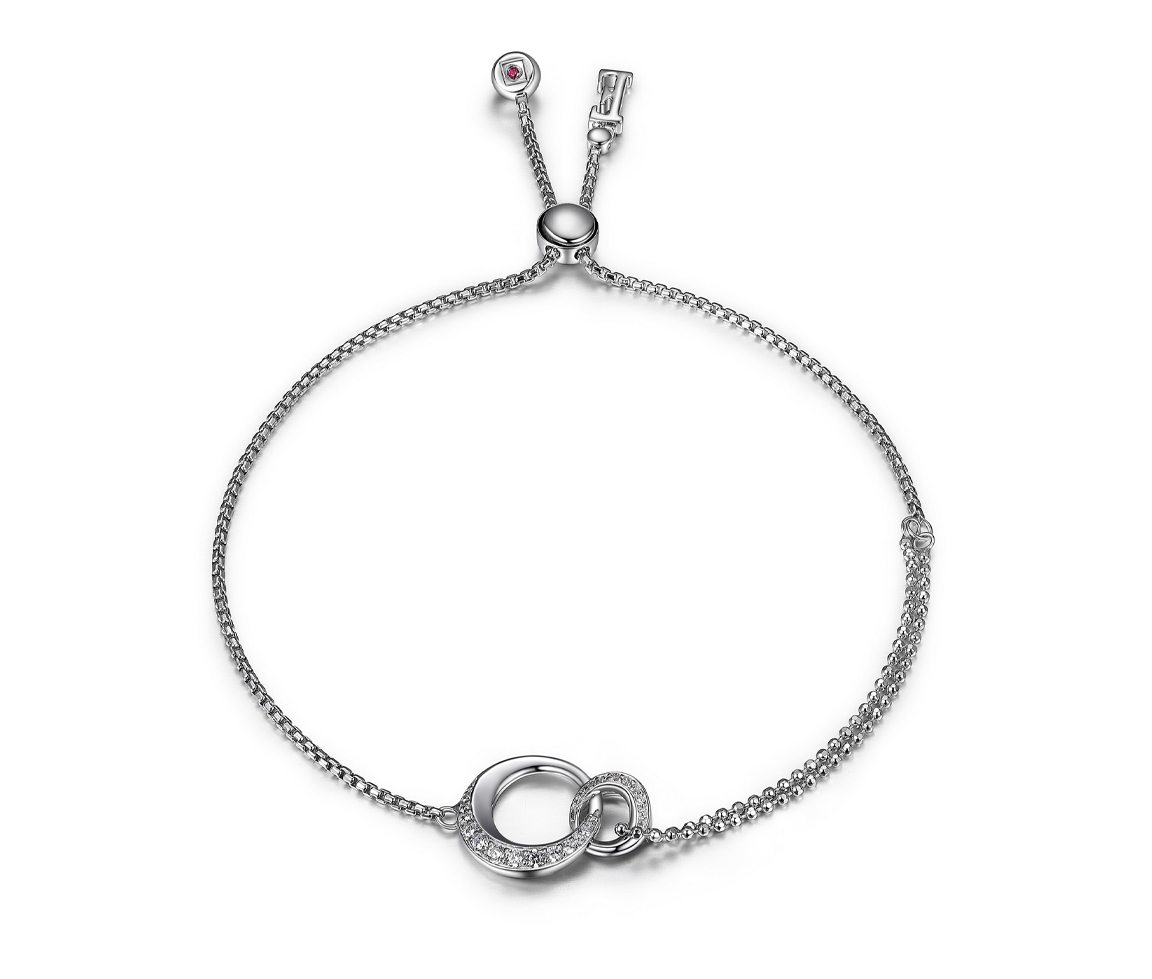 BRACELET BOLO EN ARGENT RHODIÉ AVEC 2 CERCLES AJOURÉS SERTIS DE CUBIQUES ZIRCONIAS - PJ R1LAF000F8 - ELLE
