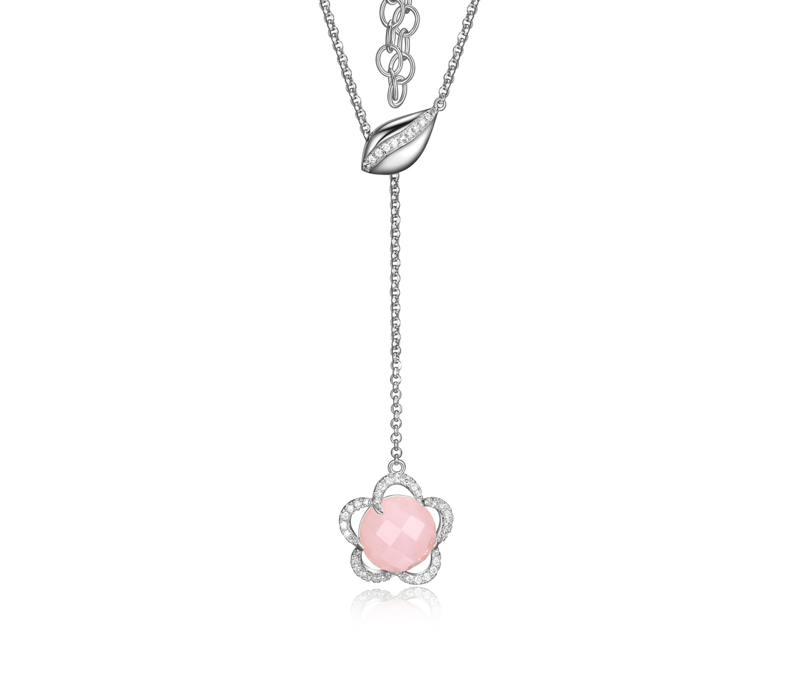 COLLIER EN ARGENT RHODIÉ SERTI D'UN QUARTZ ROSE ET DE CUBIQUES ZIRCONIAS - PJ R0LBFW3248 - ELLE