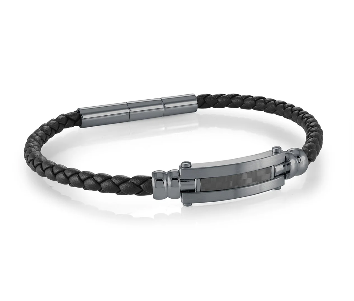 BRACELET DE CUIR TRESSÉ AVEC PLAQUE EN ACIER/PVD GUNMETAL ET FIBRE DE CARBONE - IG SLB643 - ITALGEM