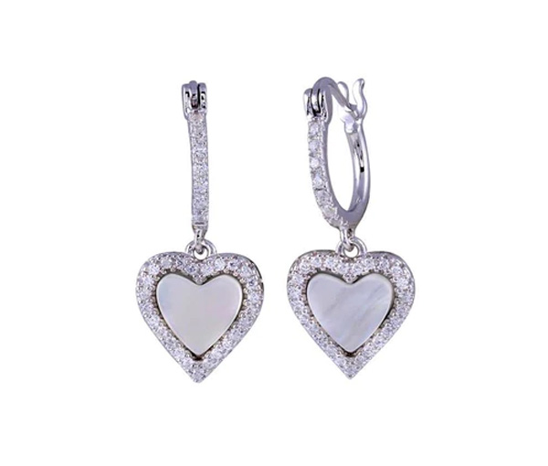 BOUCLES HUGGIES EN ARGENT RHODIÉ AVEC COEUR SERTI DE NACRE DE PERLE ET DE CUBIQUES ZIRCONIAS - SP BGE00676 - BIJOUX D'IMPORTATION