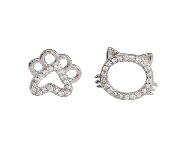 BOUCLES CHAT ET PATTE AJOURÉS EN ARGENT RHODIÉ SERTIES DE CUBIQUES ZIRCONIAS - SP STE01260 - BIJOUX D'IMPORTATION