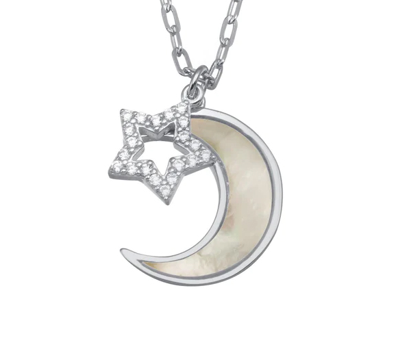COLLIER LUNE/ÉTOILE EN ARGENT RHODIÉ SERTI DE NACRE DE PERLE ET DE CUBIQUES ZIRCONIAS - SP GMN00102 - BIJOUX D'IMPORTATION