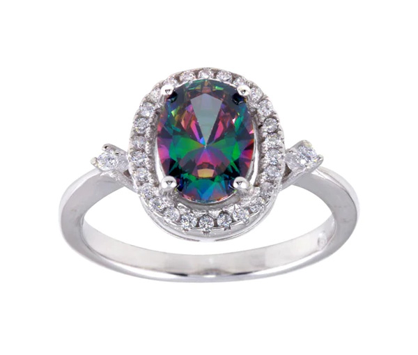 BAGUE EN ARGENT RHODIÉ SERTIE D'UN TOPAZE MYSTIQUE SYNTHÉTIQUE ET DE CUBIQUES ZIRCONIAS - SP BGR01249/8 - BIJOUX D'IMPORTATION