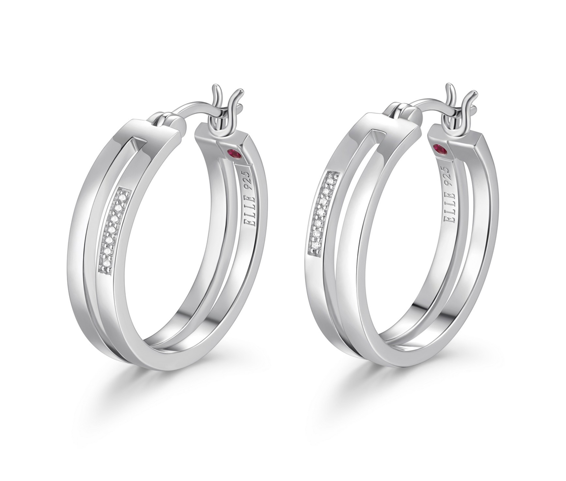 BOUCLES ANNEAUX DOUBLES EN ARGENT RHODIÉ SERTIES DE CUBIQUES ZIRCONIAS - PJ R2LCGR000J - ELLE