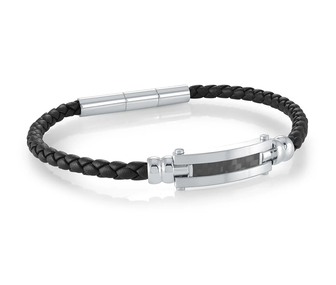 BRACELET DE CUIR TRESSÉ AVEC PLAQUE EN ACIER ET FIBRE DE CARBONE - IG SLB641 - ITALGEM
