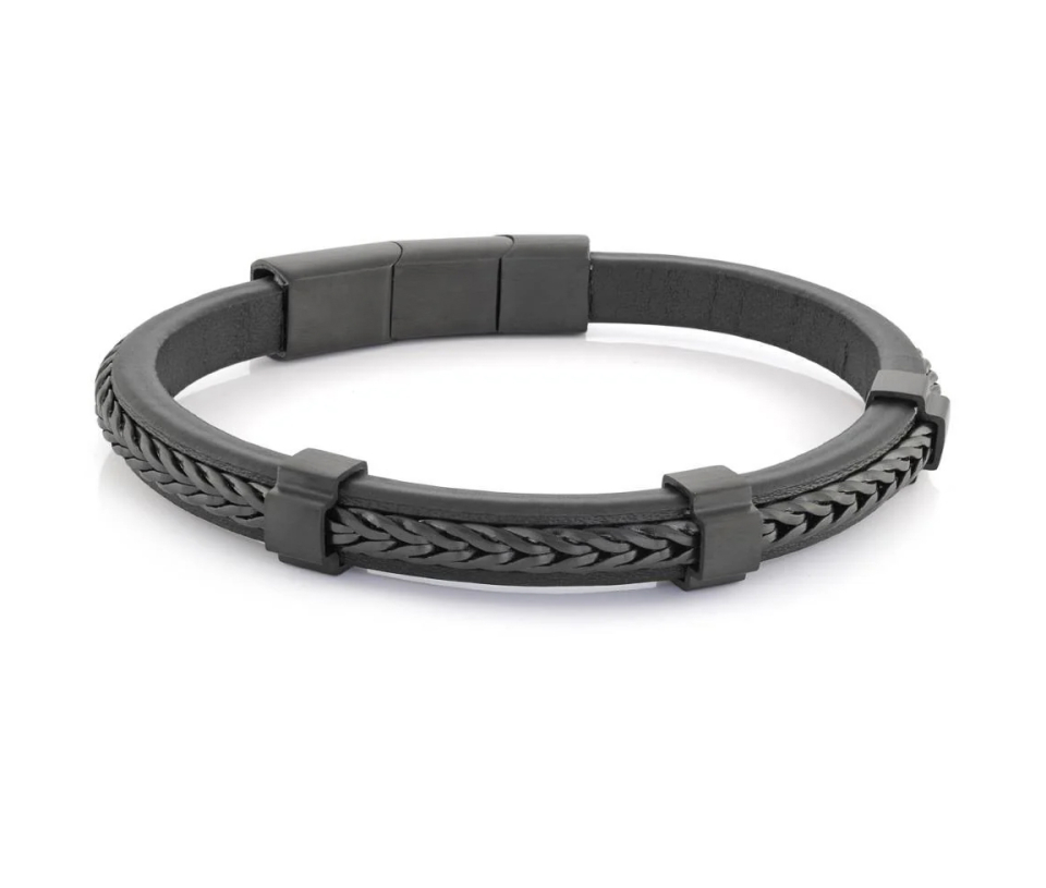 BRACELET DE CUIR AVEC INSERTION D'ACIER/PVD NOIR À MAILLE FRANCO - IG SLB497 - ITALGEM