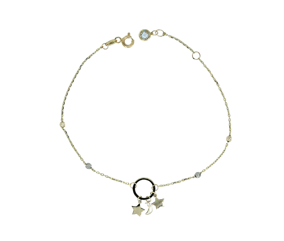 BRACELET EN OR 2 TONS AVEC CERCLE AJOURÉ ET 3 BRELOQUES