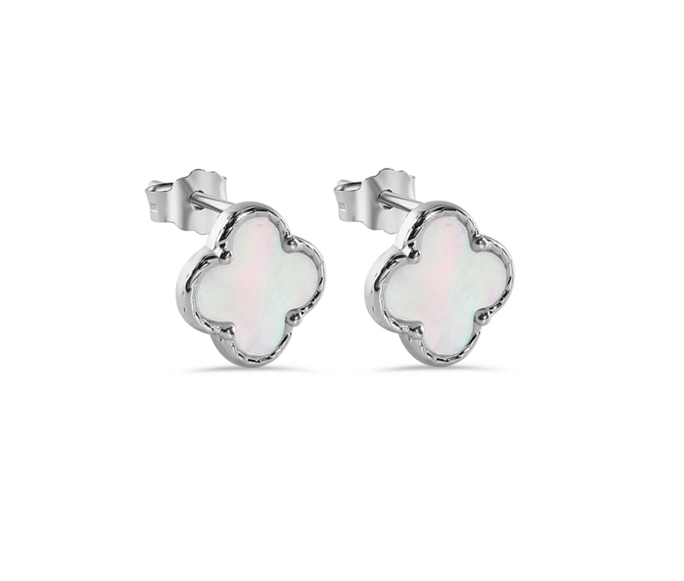 BOUCLES TRÈFLES EN ARGENT RHODIÉ SERTIES DE NACRE DE PERLE SYNTHÉTIQUE - SP STE01378 - BIJOUX D'IMPORTATION