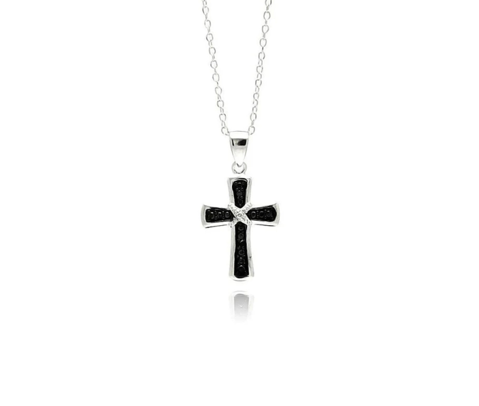 PENDENTIF CROIX EN ARGENT RHODIÉ SERTI DE CUBIQUES ZIRCONIAS NOIRS - SP STP01331 - BIJOUX D'IMPORTATION