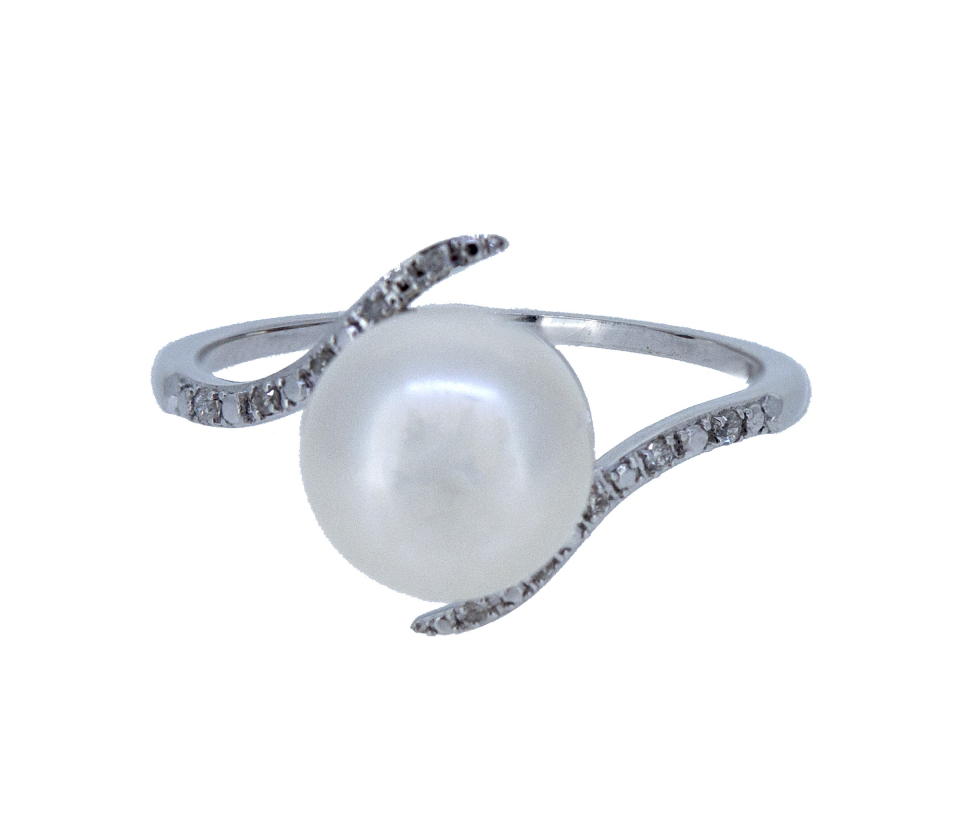 BAGUE EN OR 10K BLANC SERTIE D'UNE PERLE D'EAU DOUCE ET DE DIAMANTS - CG RF26780 - PERLE D'IMPORTATION