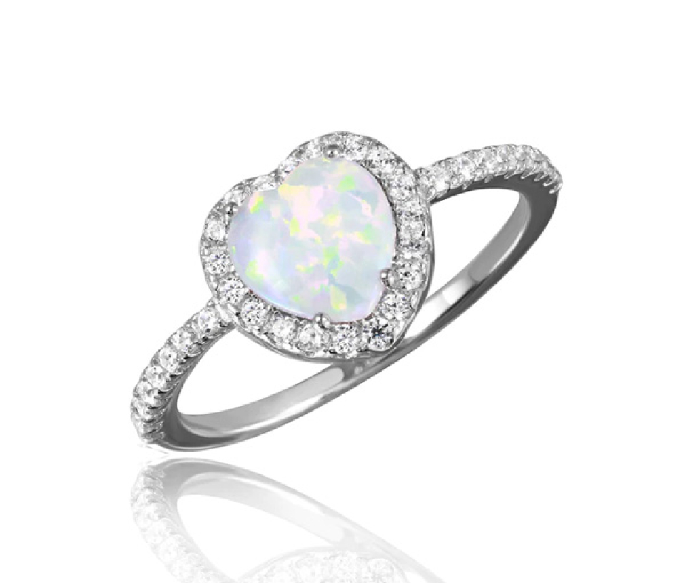 BAGUE COEUR EN ARGENT RHODIÉ SERTIE D'UNE OPALE SYNTHÉTIQUE ET DE CUBIQUES ZIRCONIAS - SP BGR01046/7 - BIJOUX D'IMPORTATION