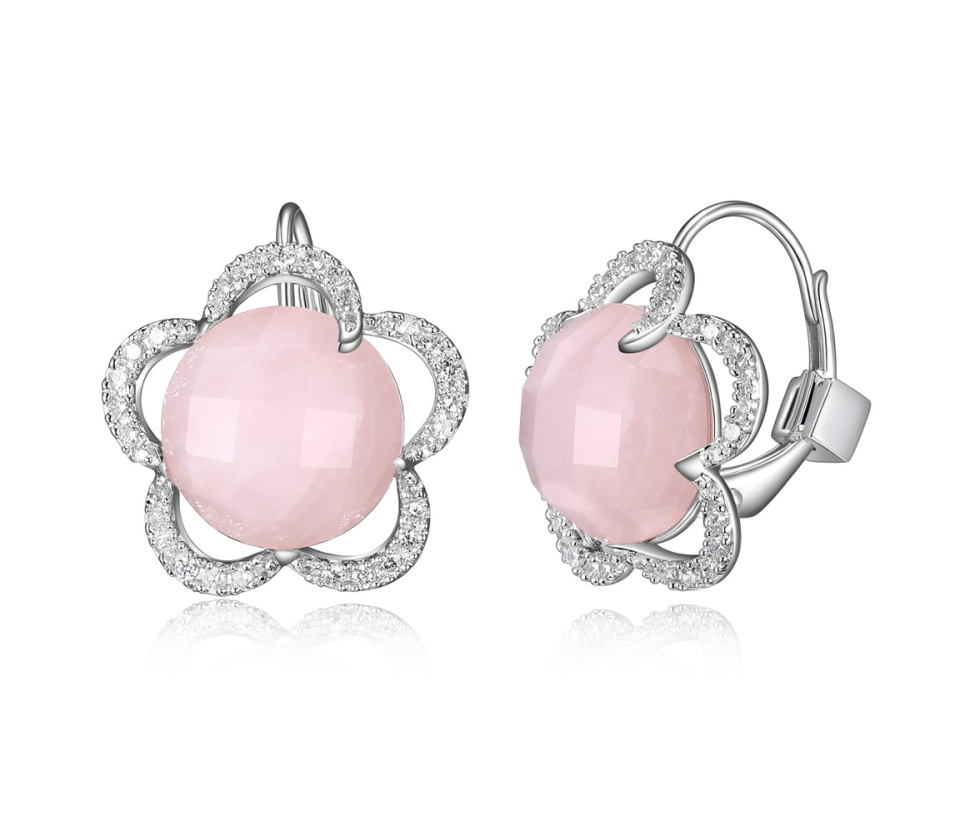 BOUCLES FLEUR AVEC QUARTZ ROSE ET CZ