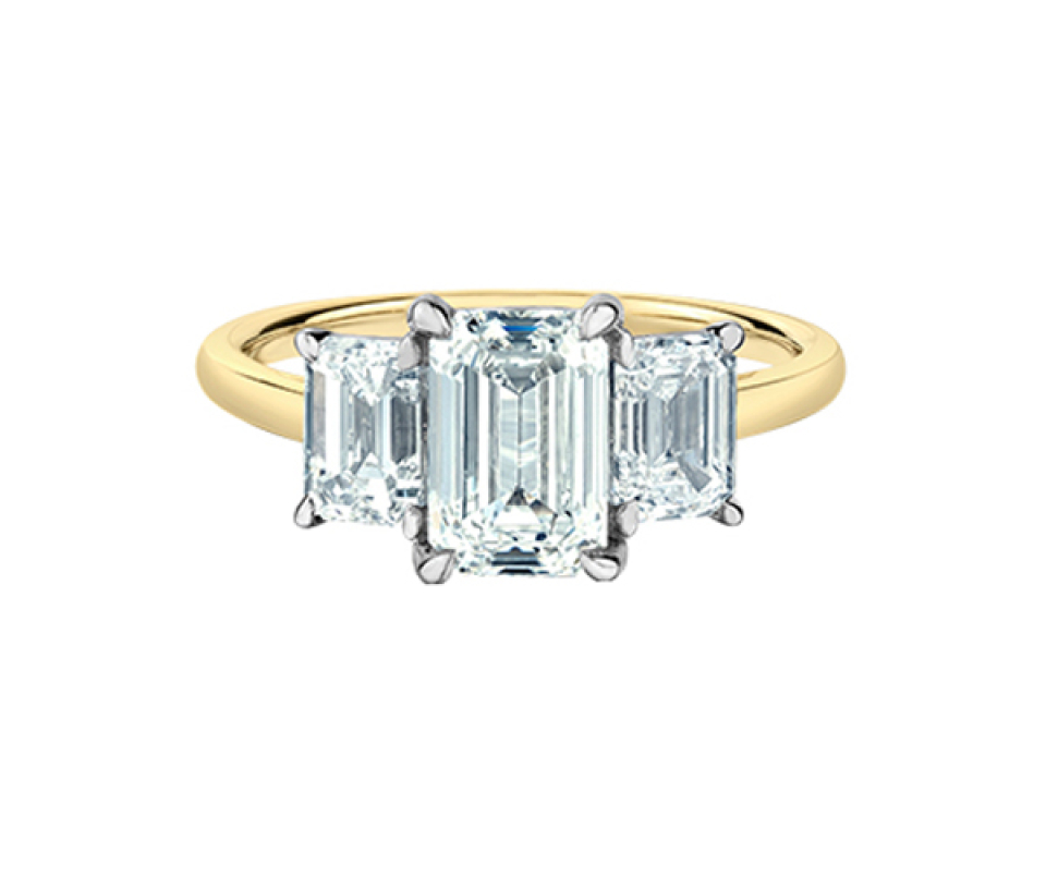 BAGUE STYLE TRINITÉ EN OR 2 TONS SERTIE DE DIAMANTS DE LABORATOIRE À TAILLE ÉMERAUDE - CR LD125YW250 - BIJOUX CANADIEN