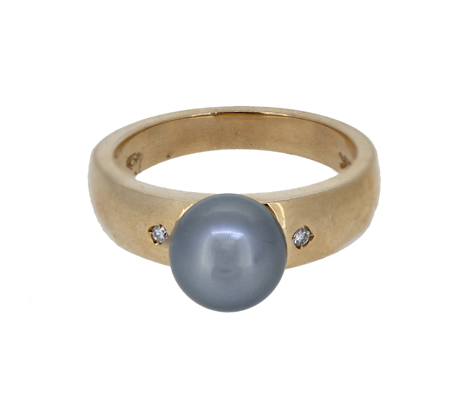 BAGUE EN OR 14K SERTIE D'UNE PERLE DE TAHITI ET DE DIAMANTS - CG RT43407 - PERLE D'IMPORTATION