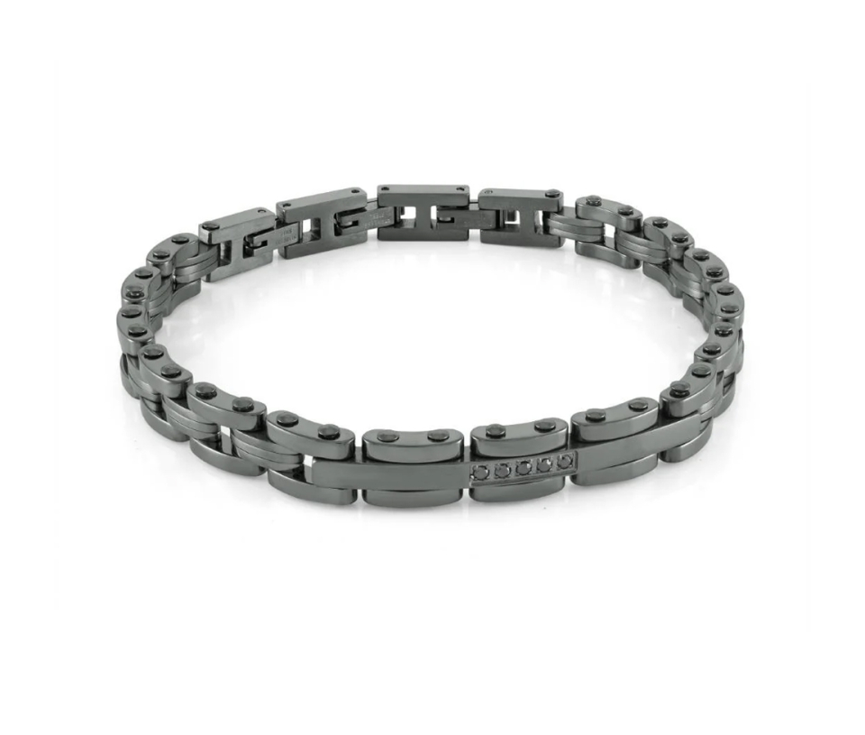 BRACELET EN ACIER/PVD GUN MÉTAL SERTI DE CUBIQUES ZIRCONIAS NOIRS