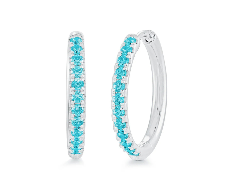 BOUCLES HUGGIES EN ACIER SERTIES DE CUBIQUES ZIRCONIAS BLEUS - IG SEA426 - VELORIA