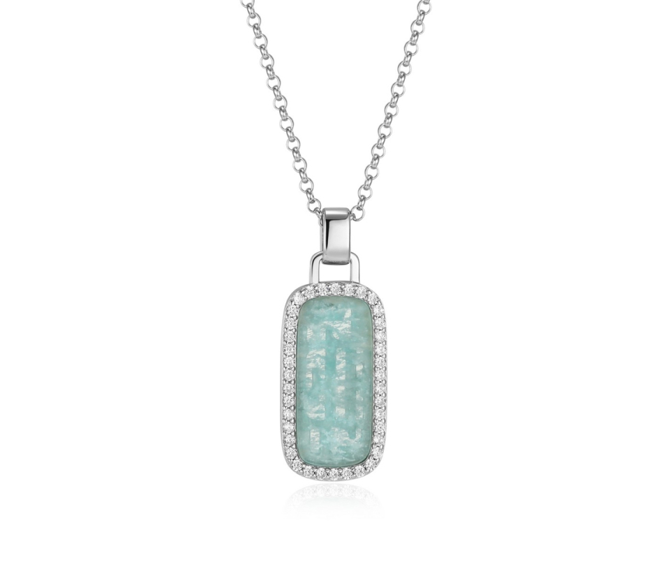 PENDENTIF EN ARGENT RHODIÉ SERTIS D'AMAZONITE ET DE CUBIQUES ZIRCONIAS - PJ R0LC01GU46 - ELLE