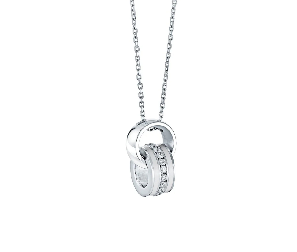 PENDENTIF DOUBLE CERCLES AVEC CZ ET ÉMAIL BLANC