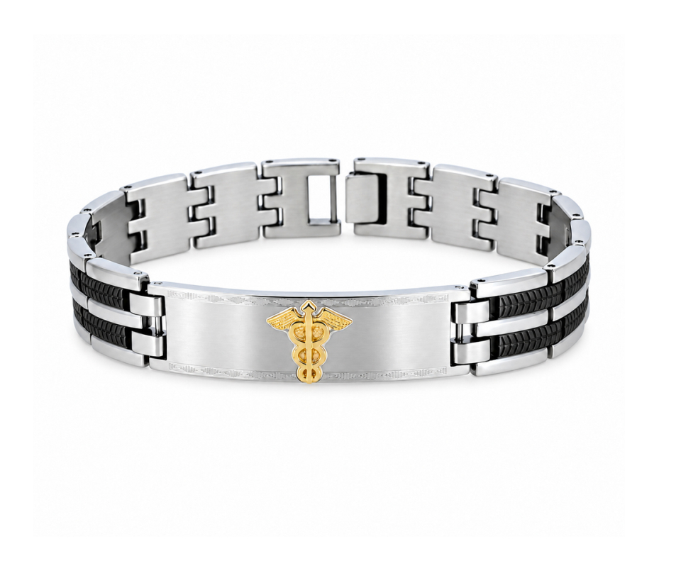 BRACELET MÉDICAL EN ACIER/PVD NOIR 2TONS ET OR 10K 