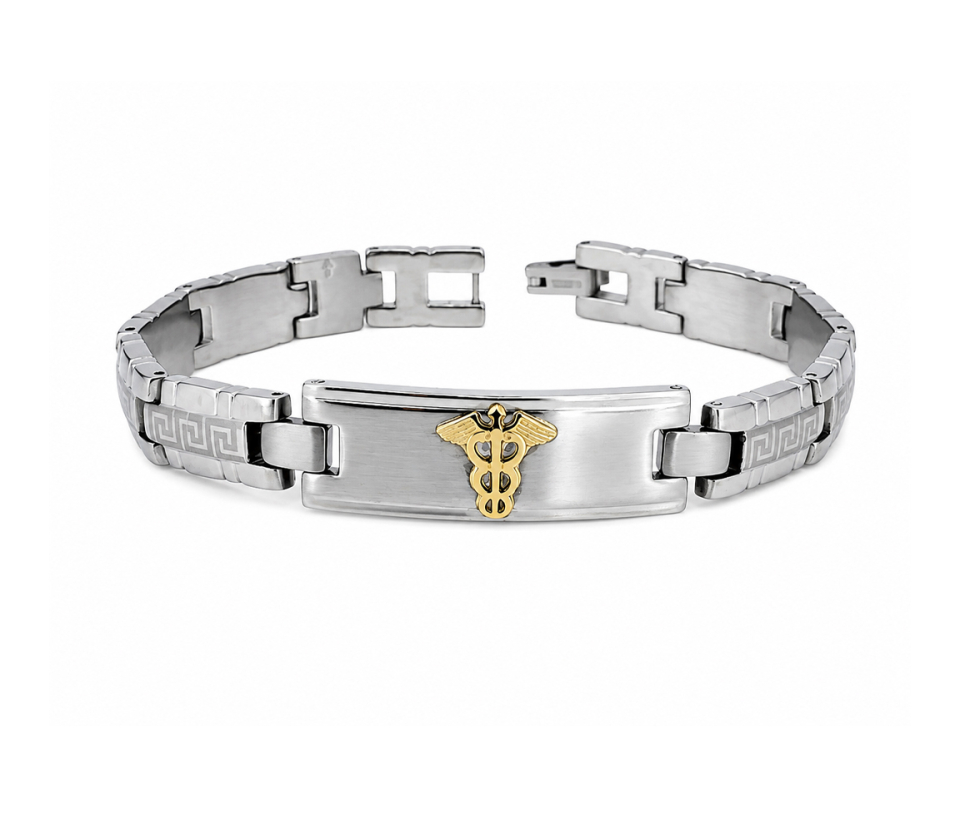 BRACELET MÉDICAL EN ACIER ET OR JAUNE À MOTIF VERSACE