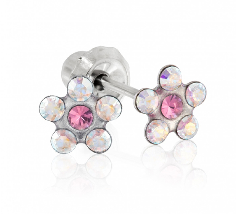 BOUCLES DE PERÇAGE EN ACIER SERTIES DE CUBIQUES ZIRCONIAS ROSES/BLANCS (*PERÇAGE GRATUIT) - IN 120C - PERÇAGE