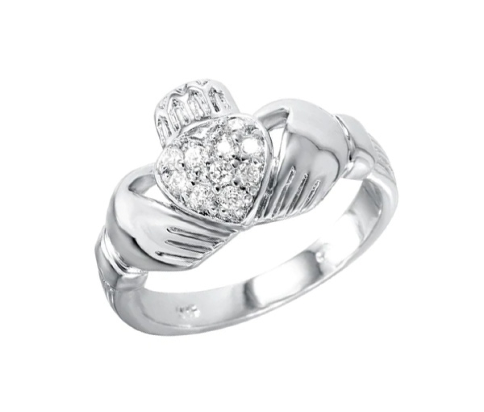 BAGUE CLADDAGH EN ARGENT RHODIÉ SERTIE DE CUBIQUES ZIRCONIAS - SP STR00140/6 - BIJOUX D'IMPORTATION