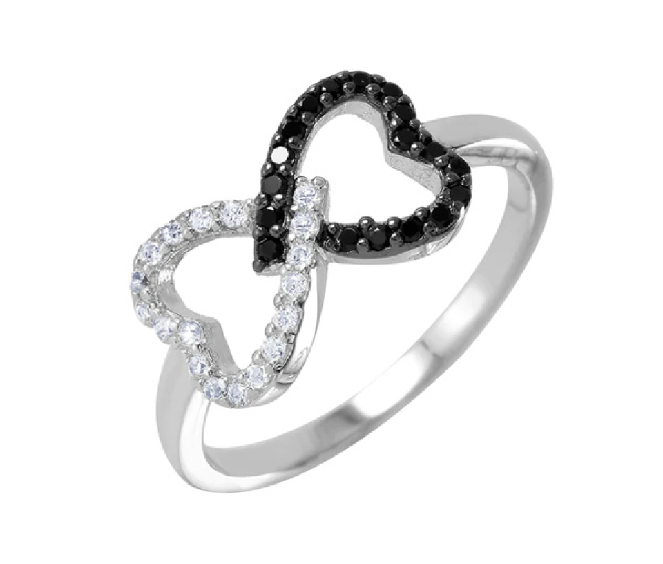 BAGUE DOUBLE COEURS EN ARGENT RHODIÉ SERTIE DE CUBIQUES ZIRCONIAS NOIRS ET BLANCS - SP BGR00942/6 - BIJOUX D'IMPORTATION