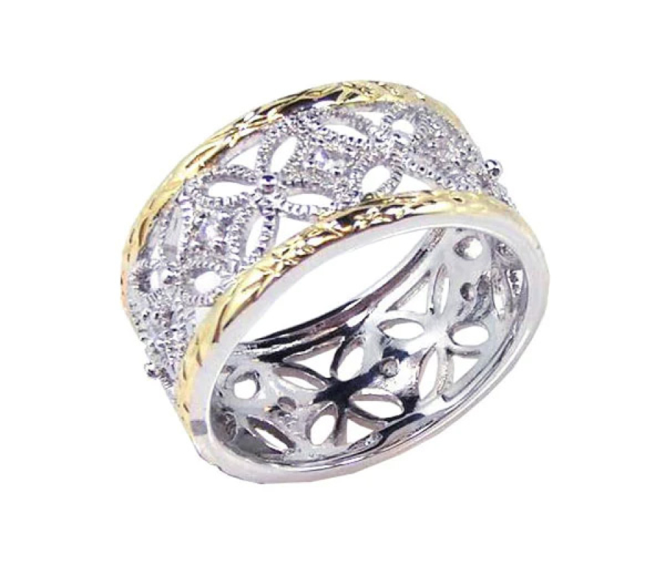 BAGUE À MOTIF FLEUR EN ARGENT RHODIÉ/PVD OR 2 TONS SERTIE DE CUBIQUES ZIRCONIAS - SP STR00330/7 - BIJOUX D'IMPORTATION