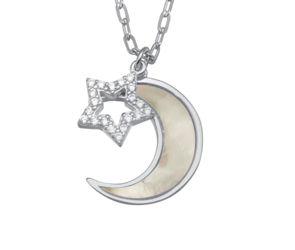 COLLIER LUNE/ÉTOILE EN ARGENT RHODIÉ SERTI DE NACRE DE PERLE ET DE CUBIQUES ZIRCONIAS - SP GMN00102 - BIJOUX D'IMPORTATION