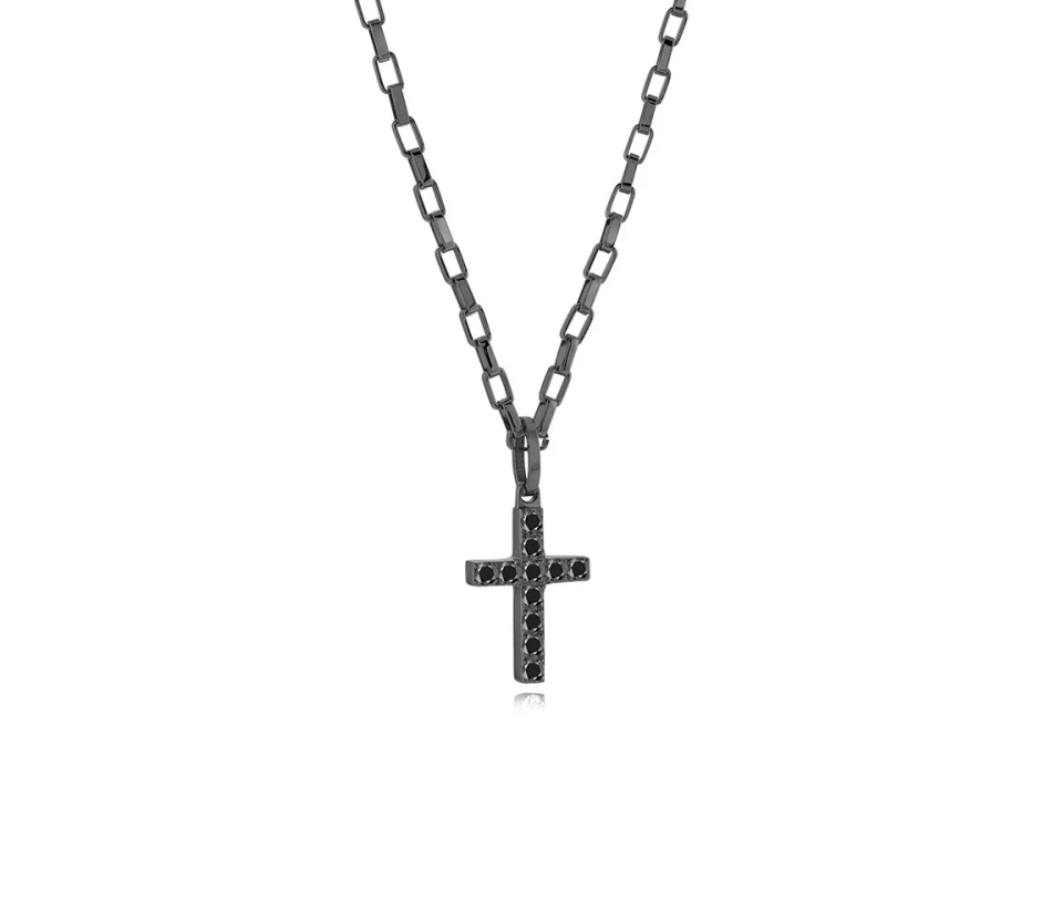 PENDENTIF CROIX EN ACIER/PVD GUN MÉTAL SERTI DE CUBIQUES ZIRCONIAS NOIRS ET SA CHAINE - IG SC228GUN - VELORIA