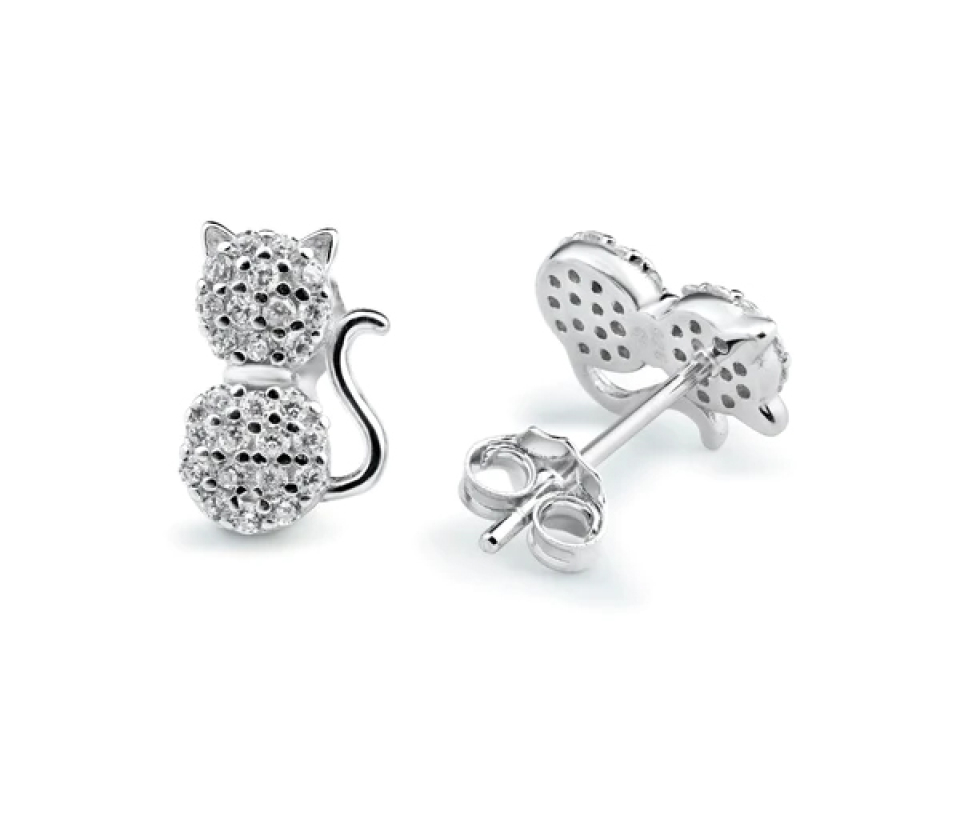 BOUCLES FACE DE CHAT EN ARGENT RHODIÉ SERTIES DE CUBIQUES ZIRCONIAS