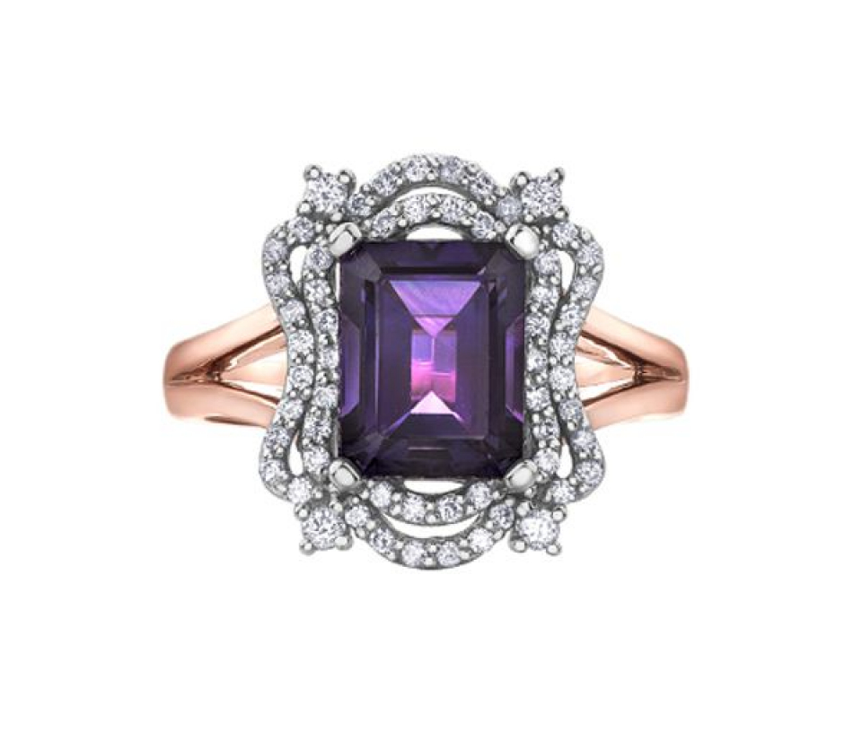 BAGUE EN OR 2 TONS ROSE SERTIE D'UNE AMÉTHYSTE ET DE DIAMANTS - CR DD7570 - BIJOUX CANADIEN