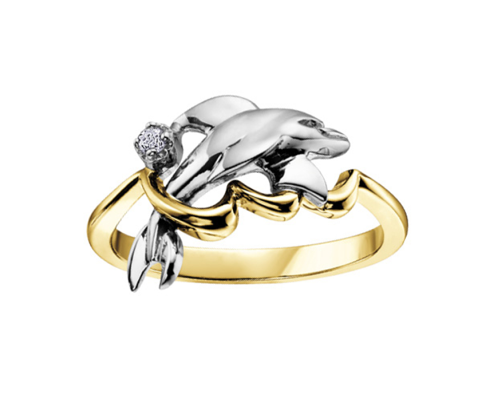 BAGUE DAUPHIN EN OR 10K 2 TONS SERTIE D'UN DIAMANT - CR DD2154Y - BIJOUX CANADIEN