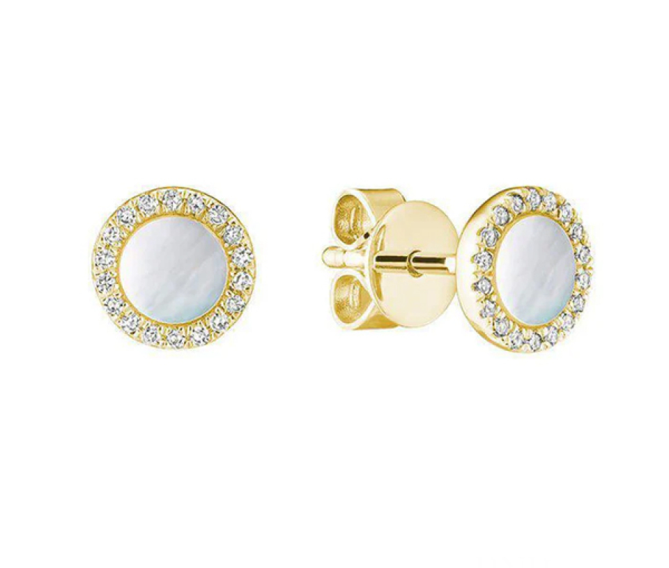 BOUCLES STUD EN OR SERTIES DE NACRE DE PERLE BLANCHE ET DE DIAMANTS