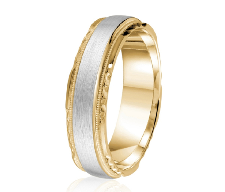 JONC EN OR OU EN PLATINE AVEC FINI SATINÉ AVEC MOTIF MILGRAIN ET TAILLE DIAMANT SUR LES CÔTÉS