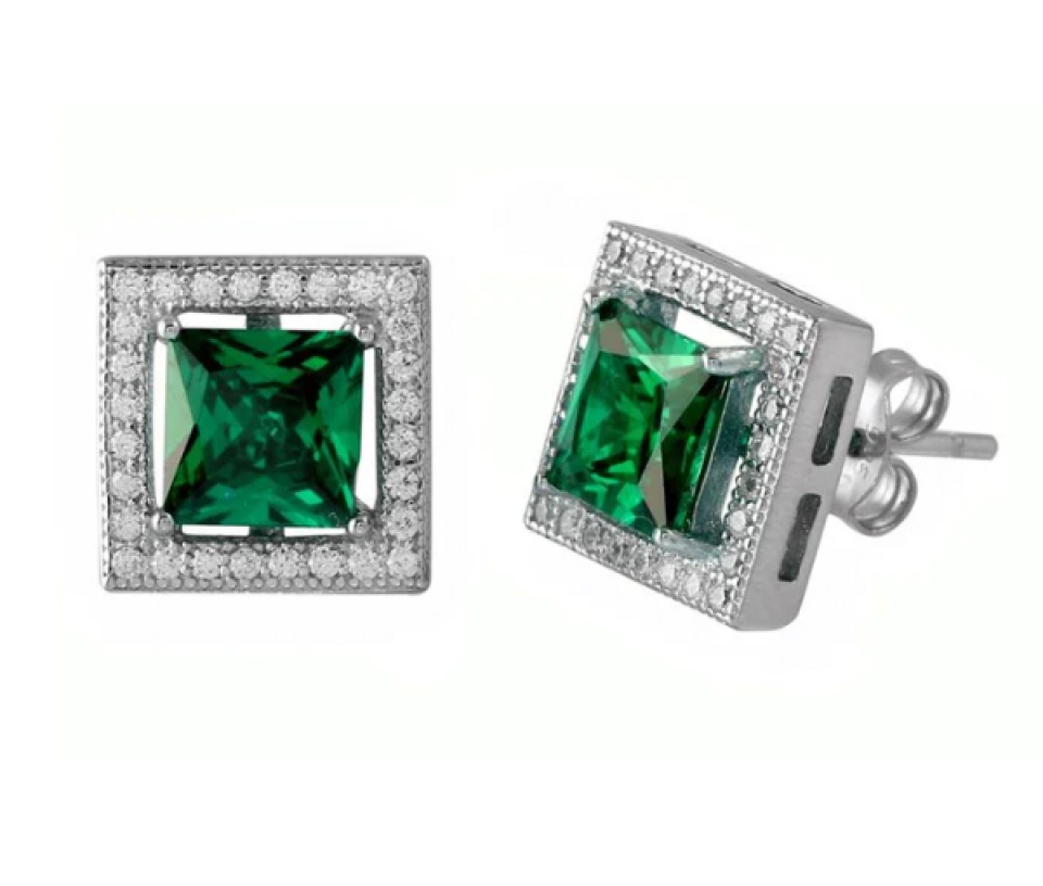 BOUCLES CARRÉ AVEC HALO DE CUBIQUES ZIRCONIAS EN ARGENT RHODIÉ ET CUBIQUE ZIRCONIA DE COULEURS VARIÉES
