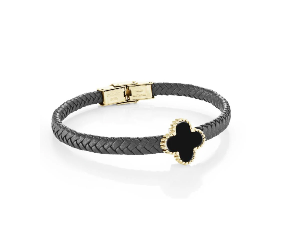 BRACELETTRÈFLE EN CUIR TRESSÉ ET ACIER SERTI D'ONYX - IG SLB682GO8 - ITALGEM